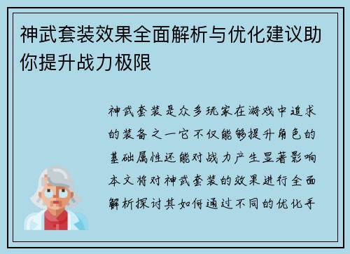神武套装效果全面解析与优化建议助你提升战力极限
